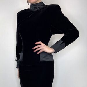 Vintage 80s Depêche Mode Black Velvet Cocktail Dress Satin Trim Mock Neck Korea